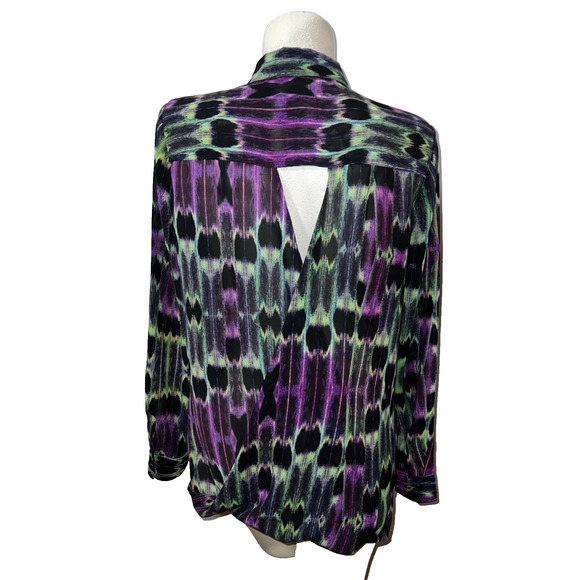 Nanette Lepore L'AMOUR Top Sz L Black Purple Green Button LS Keyhole Back Blouse - Picture 5 of 6